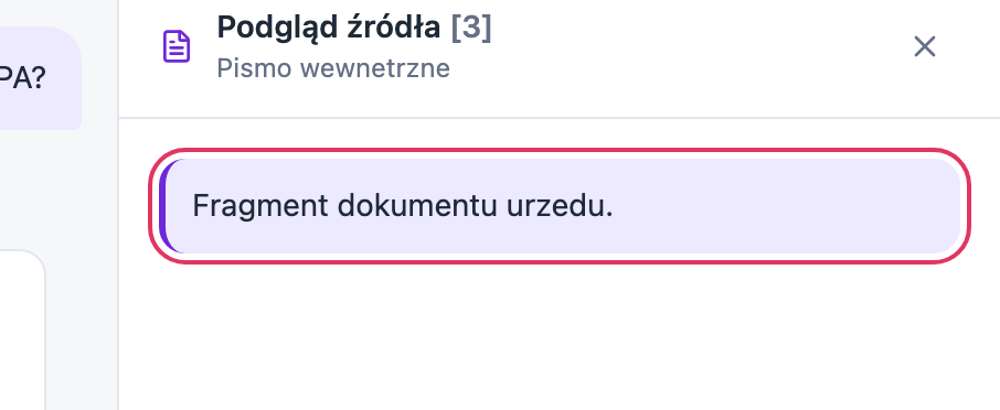Panel „Podgląd źródła [3]” z nazwą dokumentu pod nagłówkiem i wyróżnionym na fioletowo fragmentem jego treści.